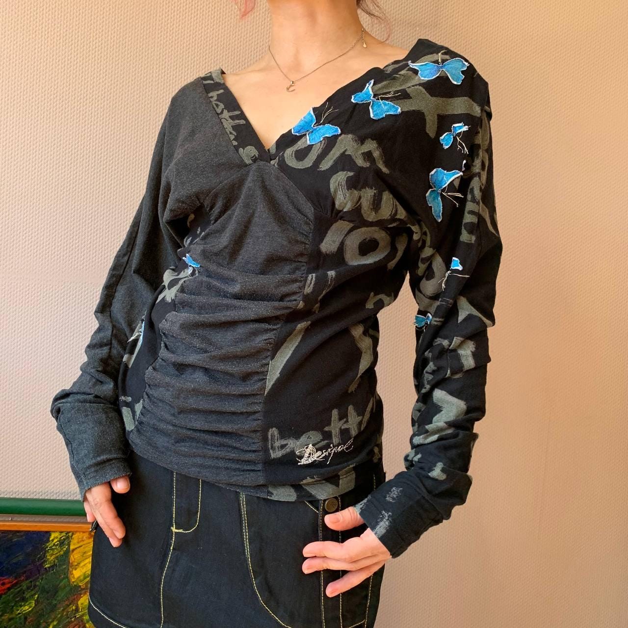 Y2K Desigual Butterfly Print Ruched V-neck Top, Avant-garde 