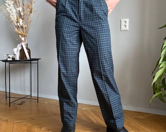 Pantaloni a vita alta in stile preppy vintage Engel Plaid Pantaloni skater vintage a quadri blu e verdi