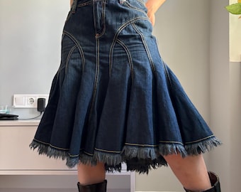 Vintage Y2K Denim Flare Skirt | Blue Asphalt Panelled Denim Skirt | Raw Hem Western Cowgirl Skirt | 2000s McBling Denim Skirt