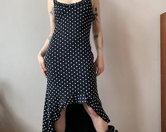 Vintage Y2K asymmetrisches Netz Netz Tupfenkleid, Grunge Streetwear, 90er Jahre Indie Sleaze, Cottagecore Slip Dress