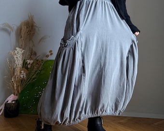Falda gris con dobladillo globo Luukaa – Falda larga Lagenlook con burbujas, cintura elástica, estilo bohemio y artístico, tallas M-L
