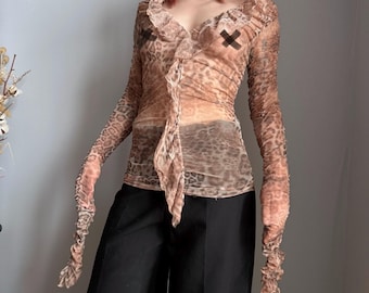 Burnout Animal Print Mesh Top Y2K Sheer Ruffle Sleeve Fairy Grunge Streetwear Blouse S