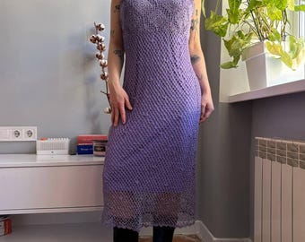 Vintage Yessica lila gehaakte onderjurk Y2K doorschijnend kant gebreide midi paarse boho-jurk (M)