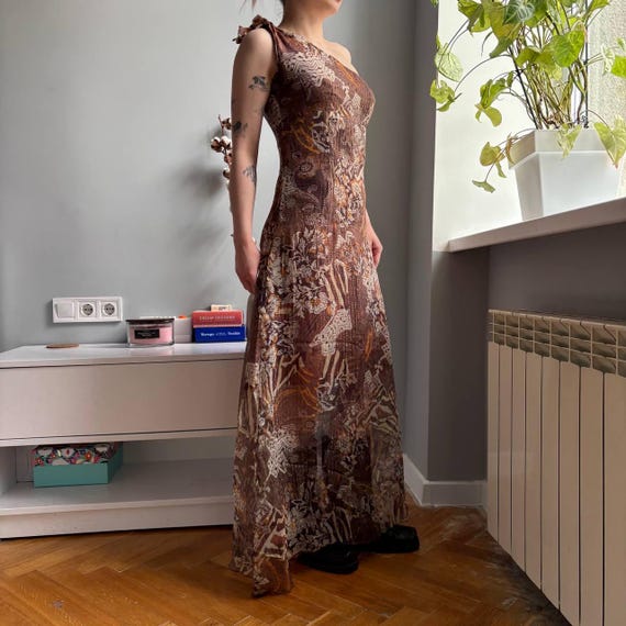 brown y2k dress Vintage Silk One Shoulder Maxi Handmade Paisley Baroque Print Mesh Overlay Goddess Boho Sheer Festival Dress Versatile for Any Occasion kyle by shahida Bodycon Draped Pencil Dress | Size:NUM0