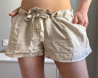 River Island 100% Lino Cordino in Vita Hot Shorts Crema Boho Y2K Estate Spiaggia M