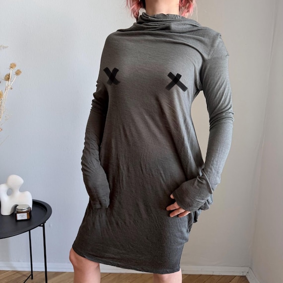 Daniel & Mayer wool blend avant garde drape dress, asymmetrical long sleeve cocoon tunic, dark grey minimalist lagenlook Italy
