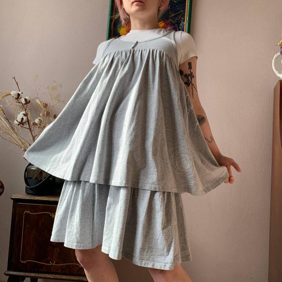 Ted Baker, Artsy Ted Baker Grey Babydoll Dress – Y2K Layered Mini Dress Size S