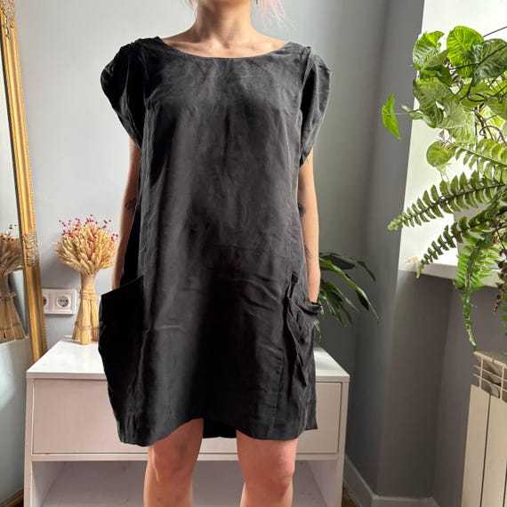 Reiss, Reiss Black Cupro Blend Cocoon Dress Puff Sleeve Draped Pocket Detail Minimalist Dress Size M
