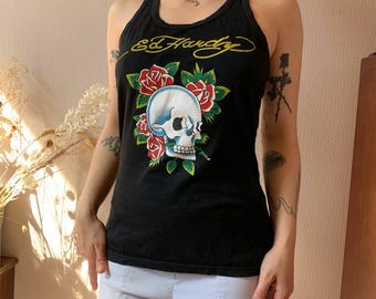 Vintage Ed Hardy Fullprint Longsleeve T-shirt: Skull Tattoo Design