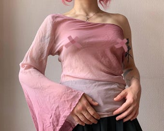 Y2K Pink Silk One Shoulder Top: Fairy Grunge Festival Blouse - UK 10 / US 6
