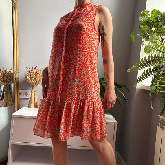 Reiss, Reiss Polka Dot Officecore Dress High Neck Sleeveless Drop Waist Ruffle Hem Retro Summer Dress Size S