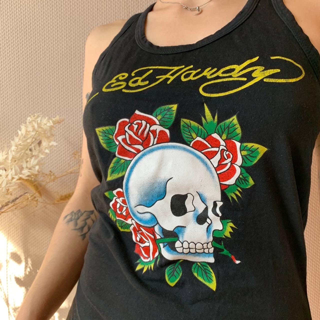 ヴィンテージ エド・ハーディー スカル ローズ タンクトップ：Y2K