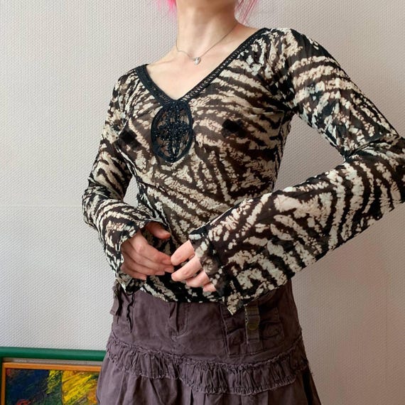 Y2K Vintage Mexx Sheer Mesh Long Sleeve Top – Animal Print