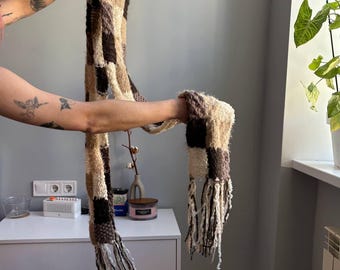 Vintage Y2K Chunky Knit Fringe Scarf — Boho Patchwork Fluffy Winter Wrap