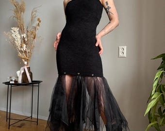 Unique Strapless Dress Sheer Tulle Hem Gothic Y2K Evening Midi
