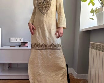 Vintage Handmade Ivory Silk Blend Embroidered Maxi Dress | Gold Floral Kaftan Folk Embroidery Long Sleeve | 70s Bohemian Ethnic Tribal