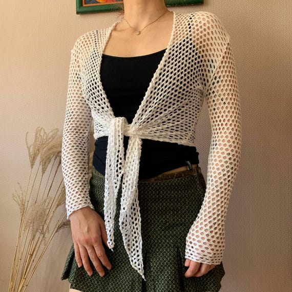 Y2K Vert de Rage White Mesh Net Tie Front Fishnet… - image 3