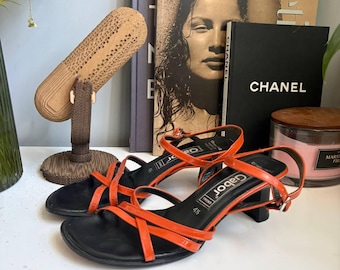 Gabor Strappy Block Heel Sandals Patent Leather Orange Terracotta Square Toe Y2K EU38