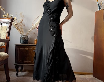Vintage Black Maxi Slip Dress | Ruffle Floral Appliqué Spaghetti Strap | Romantic Goth Y2K Witchcore Grunge Evening Gown small M