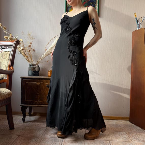 Vintage Black Maxi Slip Dress | Ruffle Floral Appliqu Spaghetti Strap |  Romantic Goth Y2K Witchcore Grunge Evening Gown Small M - Etsy Israel