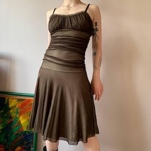 Jane Norman Y2K Mesh Ruched Dress – Vintage 2000s Brown Layered Midi, Fairy Grunge, Cottagecore, Spaghetti Strap, Sheer Overlay