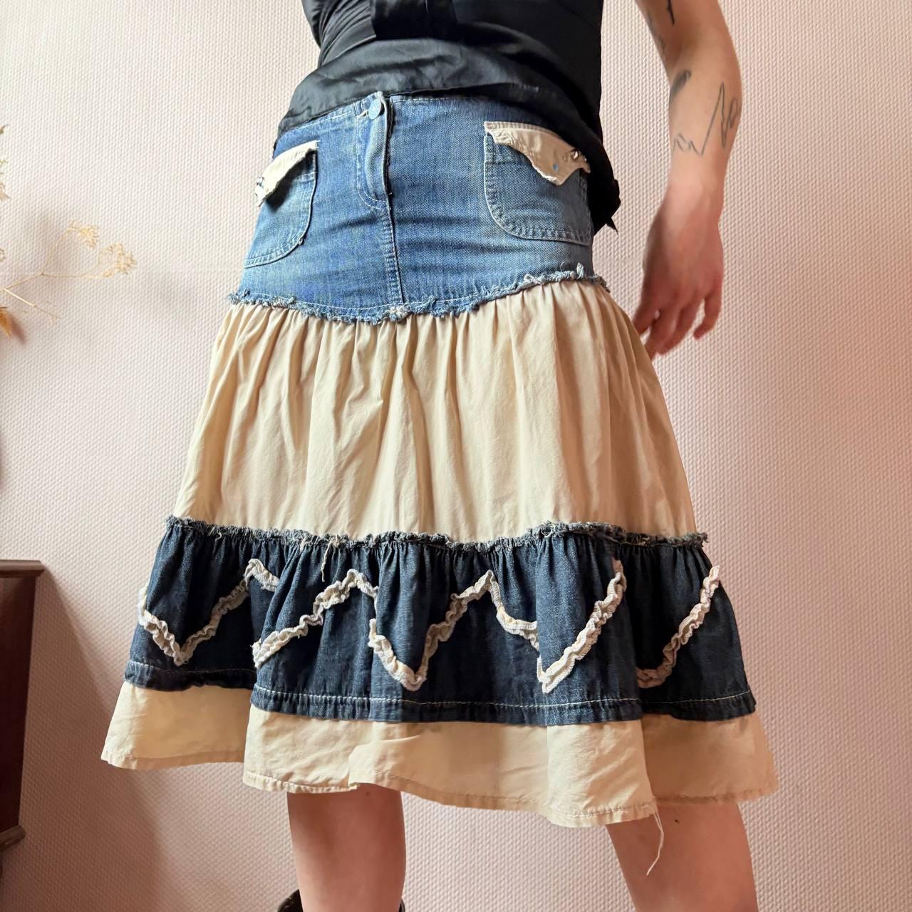 Cowgirl Denim Patchwork Skirt – Made in Italy Boho Ruffle Midi