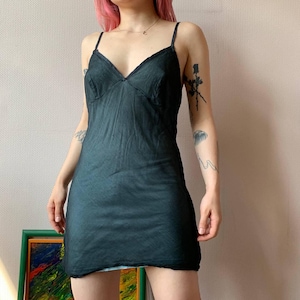 Vintage Black Blue Silk Viscose Slip Dress Y2K 90s Minimalist Grunge Streetwear Lingerie Style