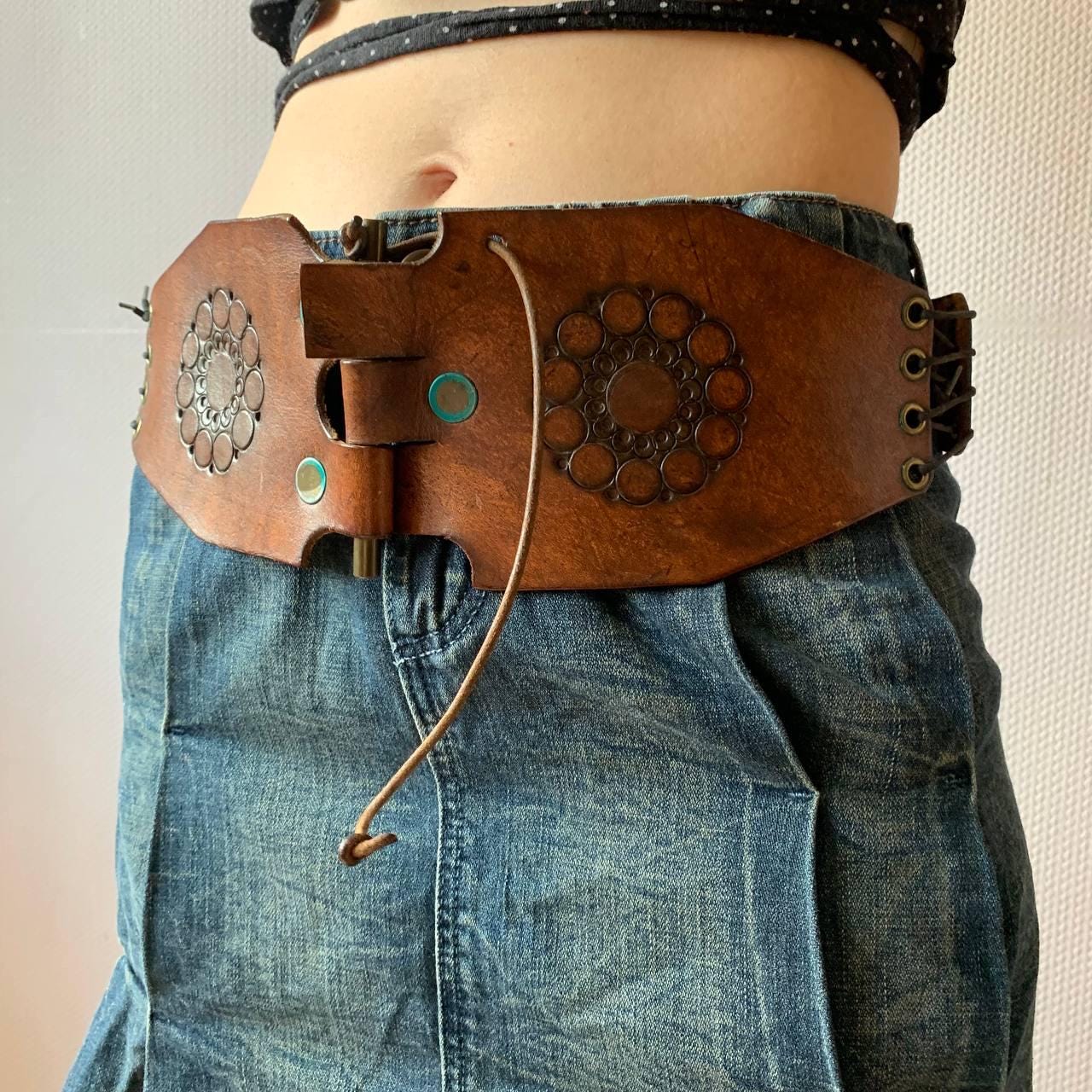 Vintage Wide Leather Boho Embellished Belt Large Braided Leather Belt Boho, Wide Waist Belt, Genuine  main image 4