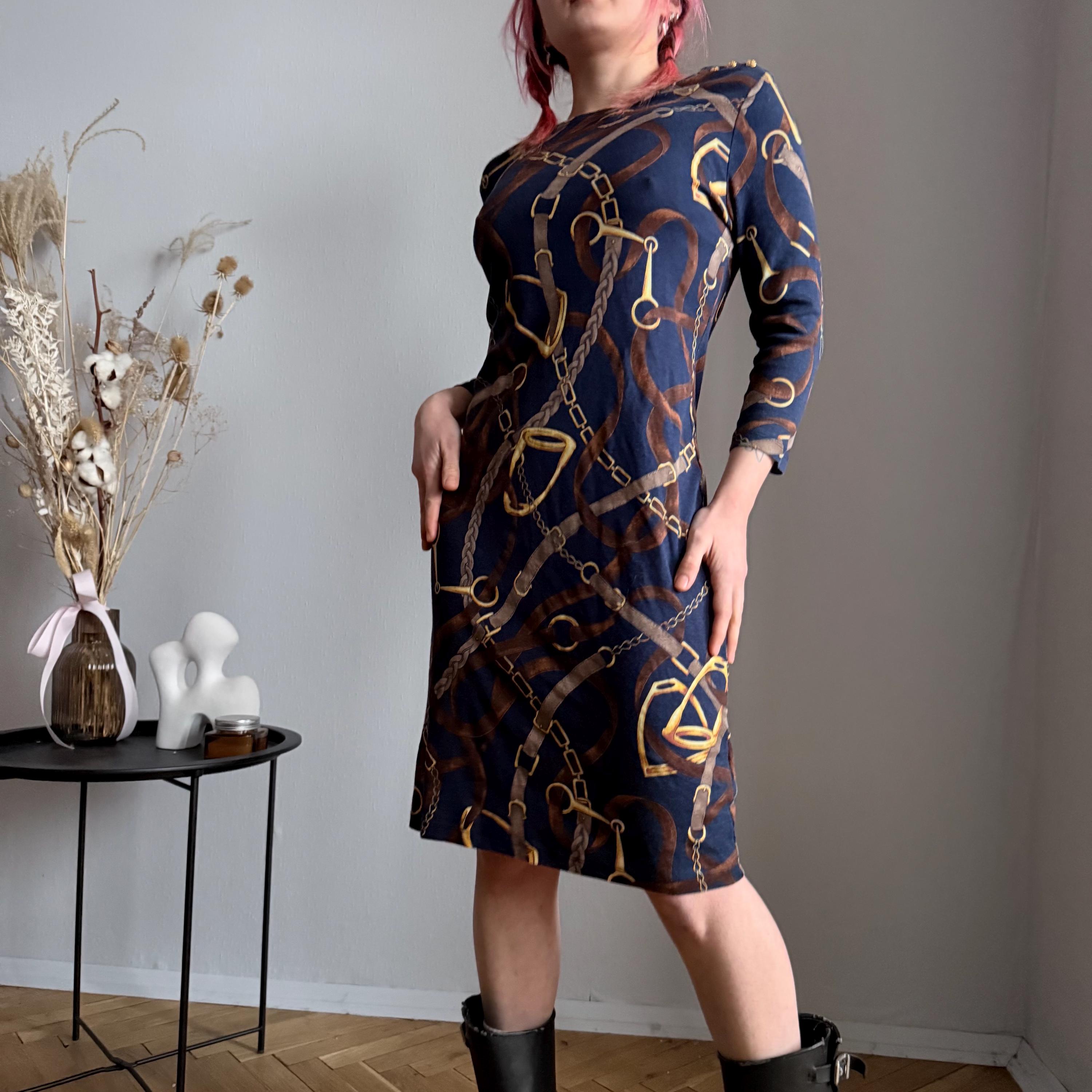 Lauren Ralph Lauren Equestrian Print Dress – Navy Chain & Bridle Bodycon Midi,cotton Preppy Horse Girl Aesthetic
