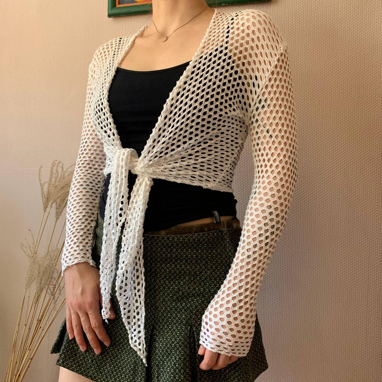 Y2K Vert De Rage White Mesh Net Tie Front Fishnet Cardigan Top