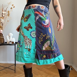 Färgglad lapptäcke, funky bomullsmidikjol, boho, folkmusik, hög midja, festivalstil