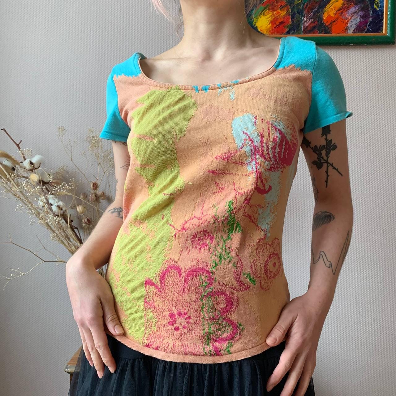 Aldo Martin Abstract Floral Knit Top: 2000s Y2K Patchwork Tee (UK