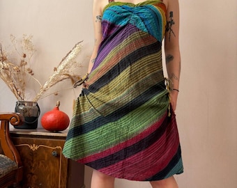 Vintage Colourful Psychedelic Cotton Dress – Striped Festival Sundress Made in India, Hippie Summer Dress