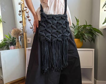 Vintage Debenhams Black Macrame Fringe Crossbody Bag Boho Festival Woven Shoulder Bag Bohemian Y2K Purse