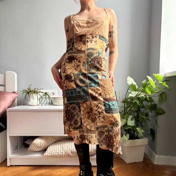 midi dress y2k Y2k Zebra Patchwork Midi Dress — Satin Bust Boho Paisley Y2K Slip M-L