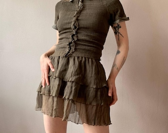Reworked Italian Silk Blend Set: Ruffle Blouse & Tiered Mini Skirt