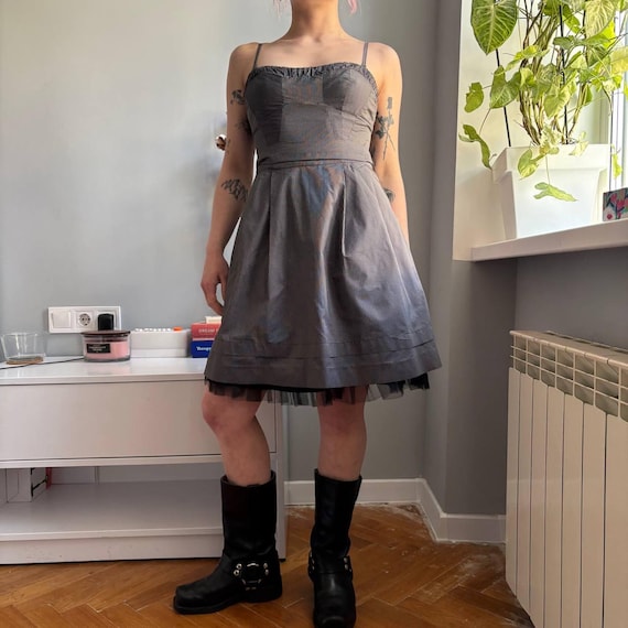 Y2K Bustier Mini Dress Coquette Ballerina Tulle Dress Grey Corset Top Fit and Flare Soft Goth Indie Vintage Party Dress