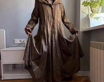 Vintage Creenstone Maxi Coat – Avant Garde Bronze Swing Trench, Dramatic A-Line Long Coat, Minimalist Designer Statement Outerwear