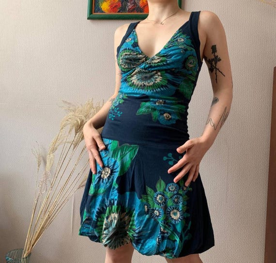 Desigual Floral Print Bubble Hem Dress: Sleeveless Boho Cotton Y2k Xs