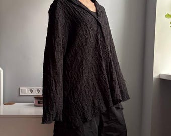 Vetono Black Crinkle Lace Textured Oversized Jacket Dark Academia Witchcore Avant Garde Button Up Flared Hem Top Size M/L