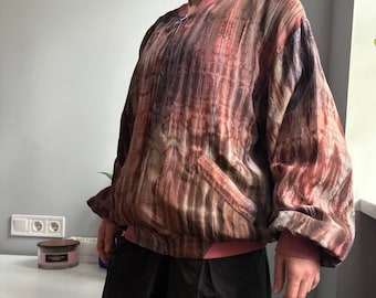Chaqueta bomber de seda Shibori Tie Dye con estampado de mármol, color burdeos, malva y rosa acanalado, estilo vintage de los 90, forrada, de lujo, con cremallera.