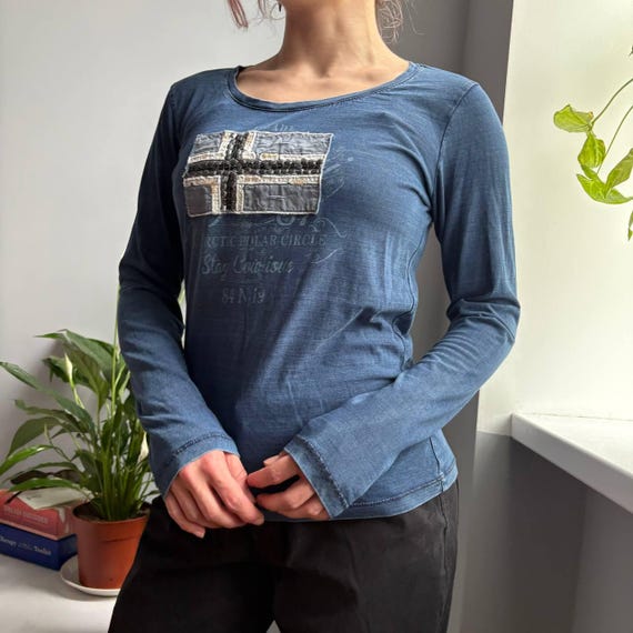 Napapijri, Napapijri Acid Wash Long Sleeve Top Beaded Cross Patch Arctic Print Y2K Vintage Indie Navy S