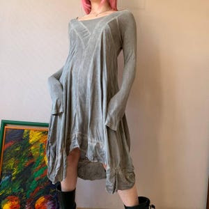 Vintage Grunge Asymmetrical Gray Dress | Fairycore Boho Streetwear | Long Sleeve Distressed Midi | Soft Cotton Minimalist Cottagecore
