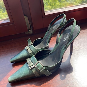 Vintage  Faith Green Satin Slingback Heels | Pointed Toe Stiletto Pumps | 00s Y2K Party Shoes, Buckle Detail, Relith Italy