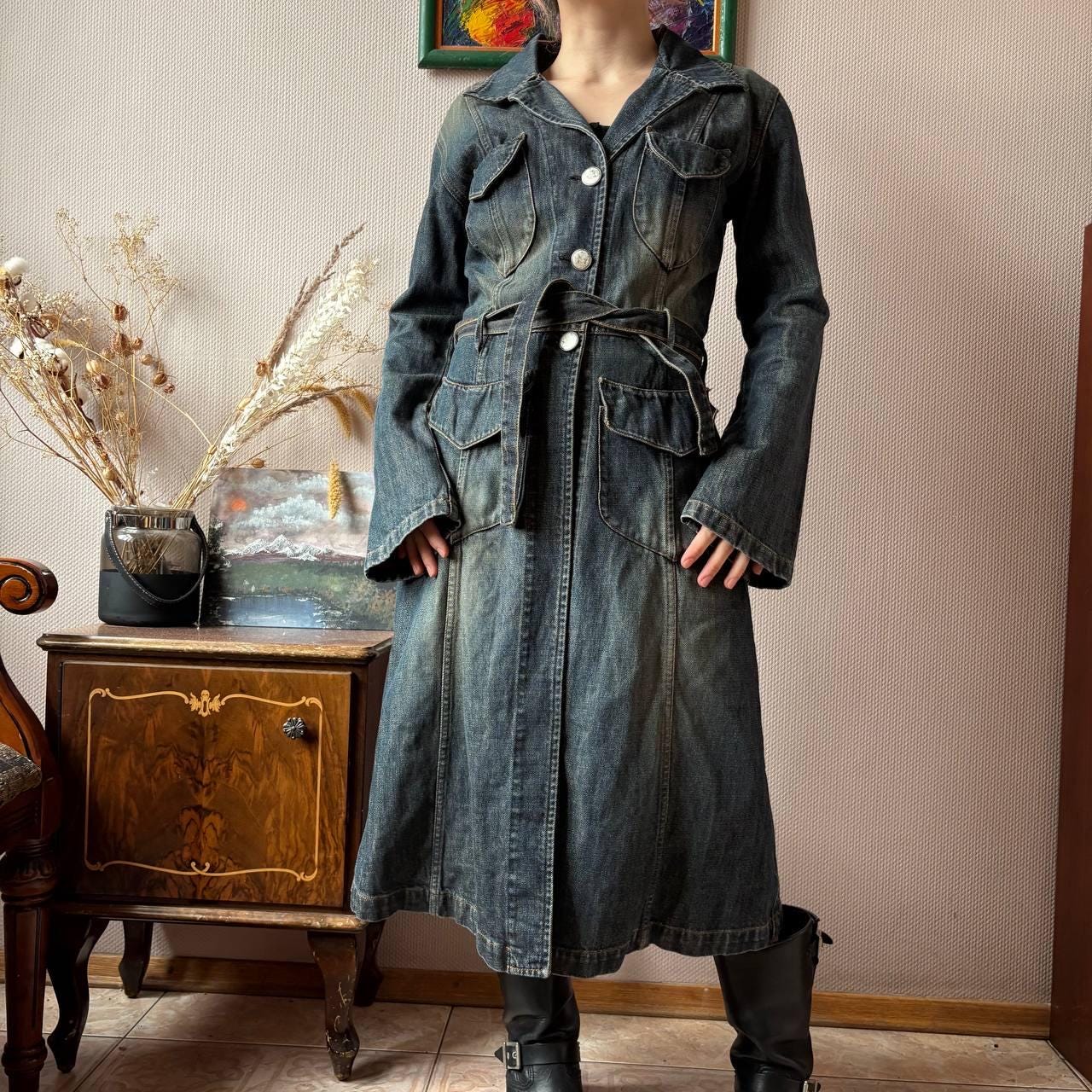 Vintage Guess Jeans Denim Trench Coat, 90s Y2K Distressed Grunge