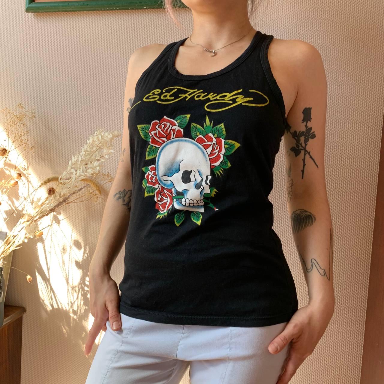 y2k❤️ 00s Ed Hardy スカル 両面ロゴ リブ タンクトップ y2k pink Ed Hardy tank top! this Ed Hardy top is | Depop