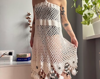 By Malene Birger gehaakte maxi asymmetrische rok/jurk – Y2K boho-jurk met kwastjeszoom, Ibiza Festival Mesh Cover Up, resortwear jaren 2000