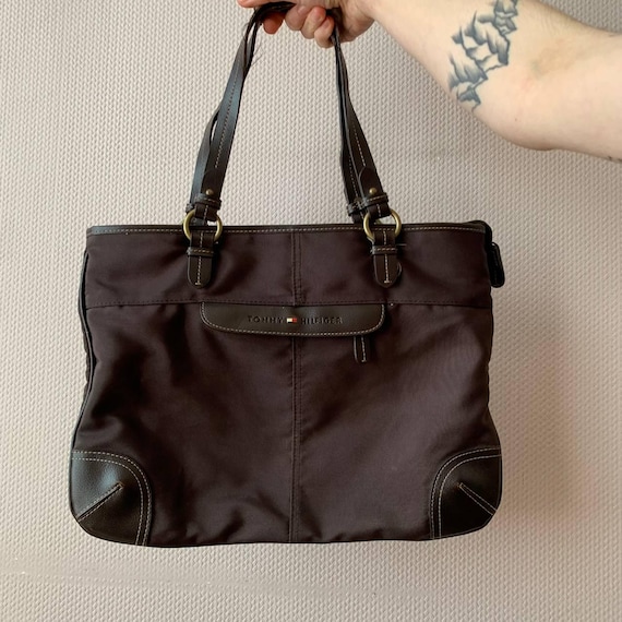 Y2K Preppy Tommy Hilfiger Brown Nylon Shoulder Tote Bag