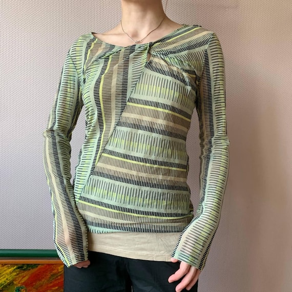 Expresso Y2K Mesh Layered Sheer Long Sleeve Striped Shirt