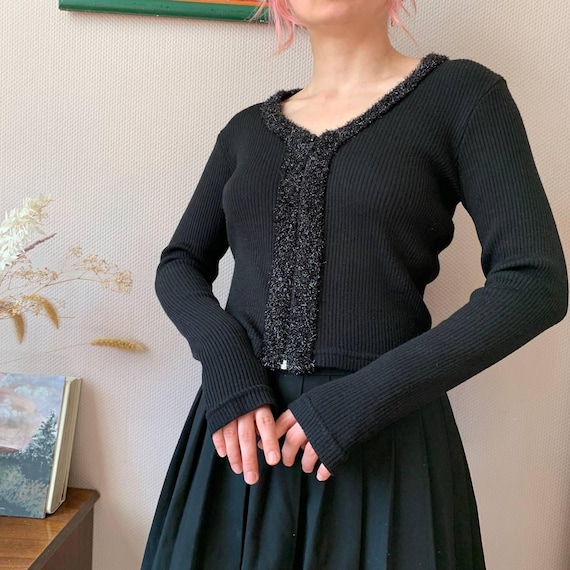 Vintage Ange Paris Black Knit Cardigan: Y2K Ribbed Sweater (size S